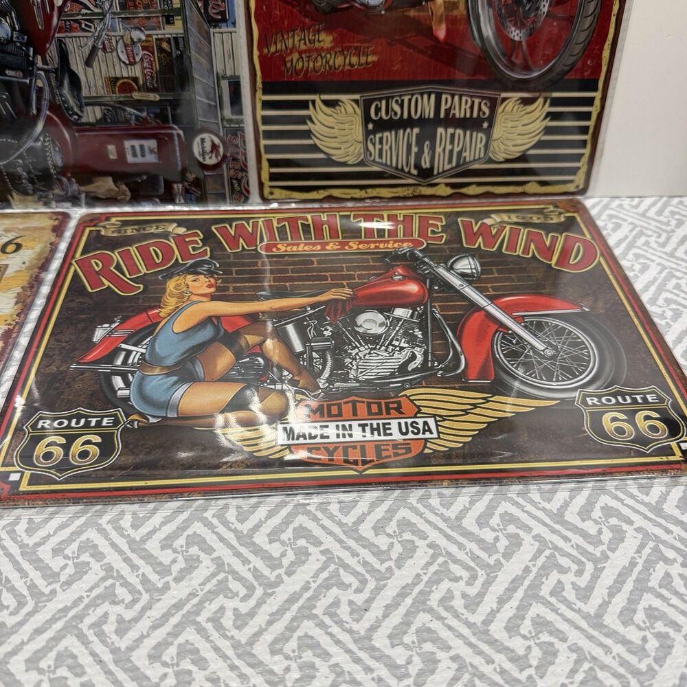 5pc Vintage Motorcycle Metal Tin Sign Bundle – Route 66 & Garage Wall Decor Set - Picture 6 of 6